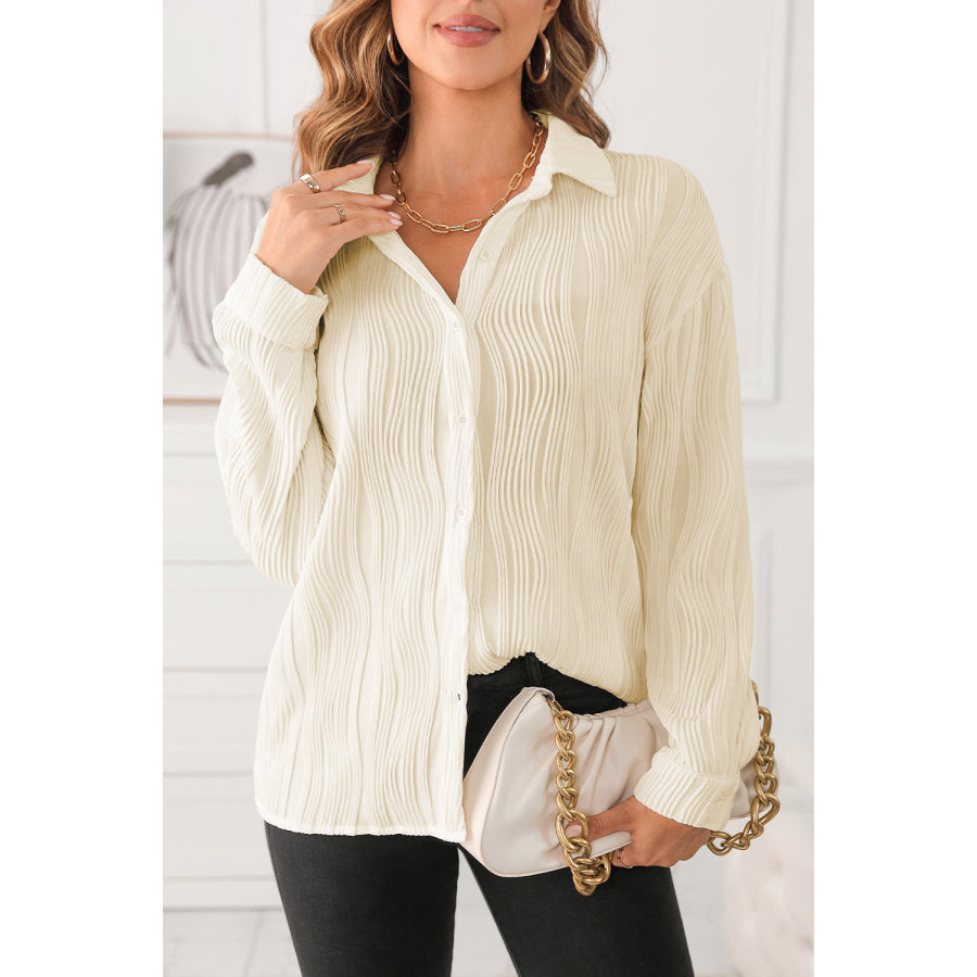 Textured Collared Neck Long Sleeve Shirt Beige / S Apparel and Accessories