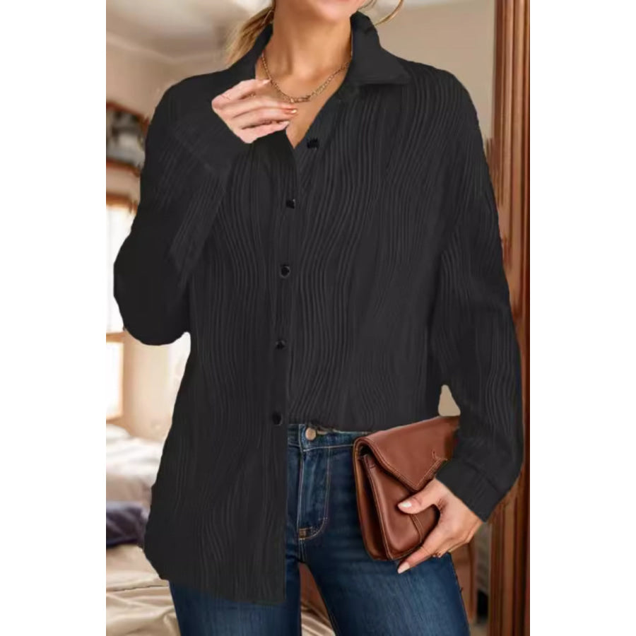 Textured Collared Neck Long Sleeve Shirt Black / S Apparel and Accessories