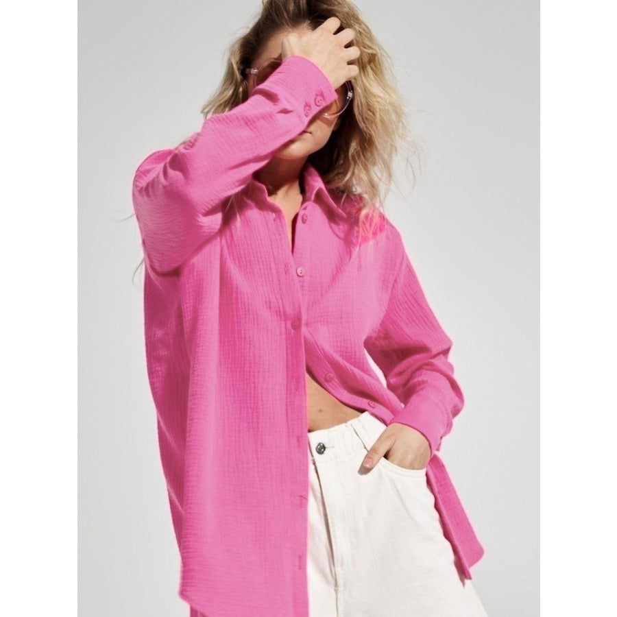 Textured Collared Neck Long Sleeve Shirt Fuchsia Pink / S Apparel and Accessories