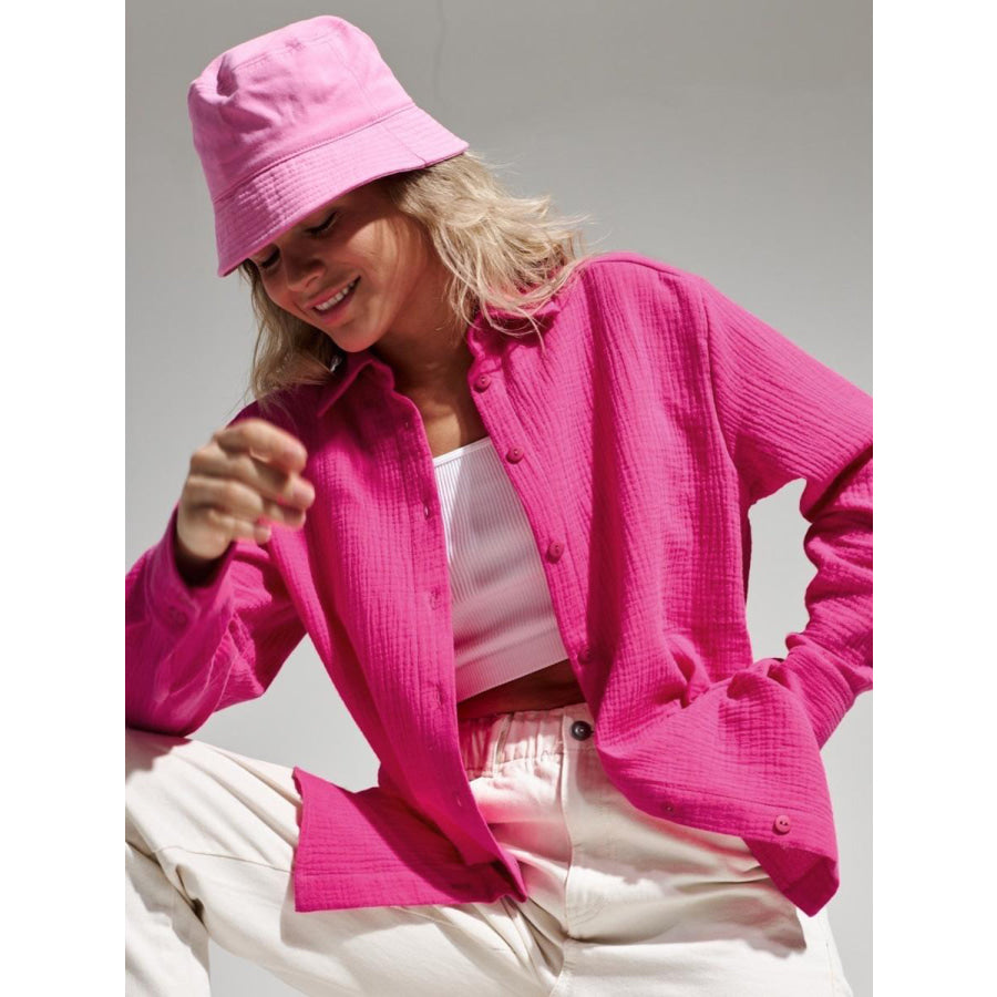 Textured Collared Neck Long Sleeve Shirt Hot Pink / S Apparel and Accessories