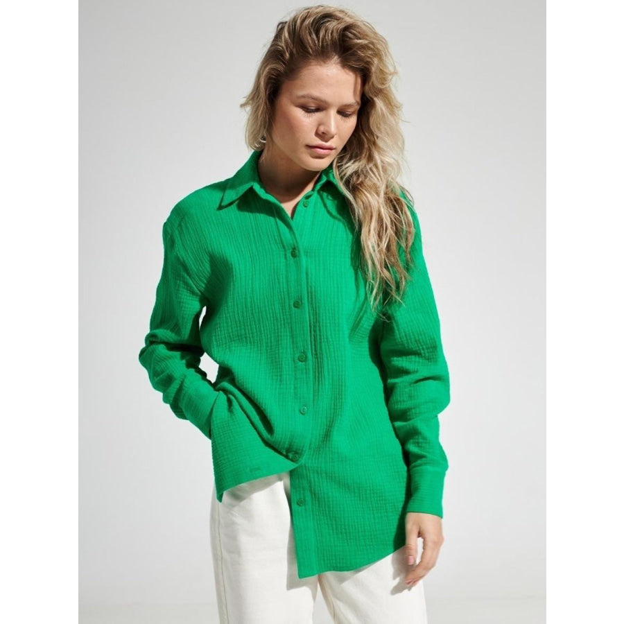 Textured Collared Neck Long Sleeve Shirt Mid Green / S Apparel and Accessories