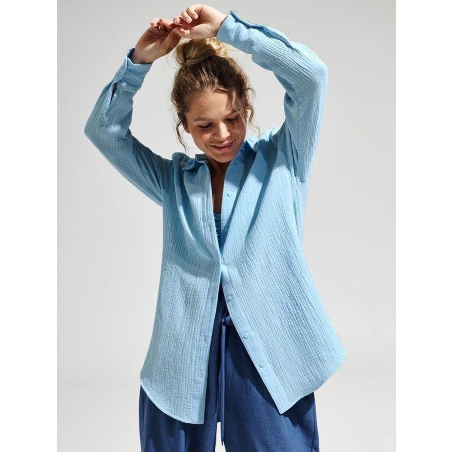 Textured Collared Neck Long Sleeve Shirt Pastel Blue / S Apparel and Accessories