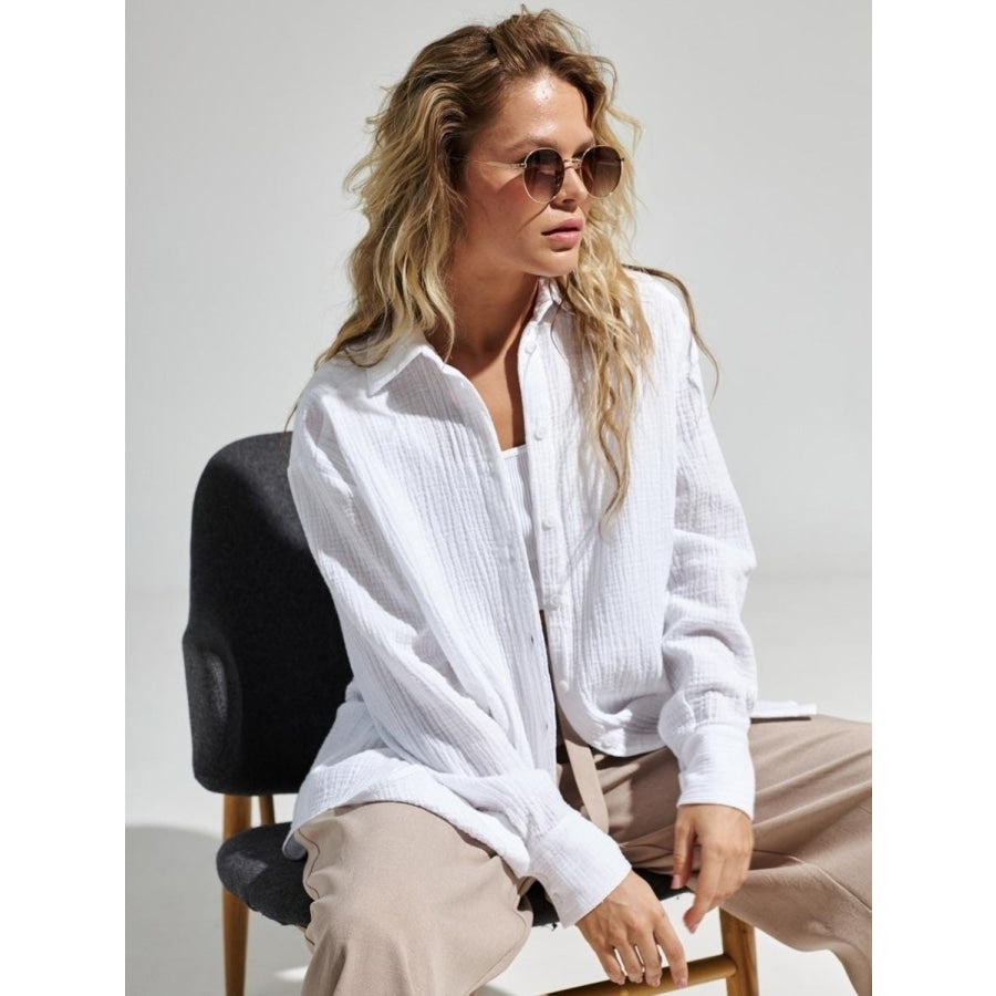 Textured Collared Neck Long Sleeve Shirt White / S Apparel and Accessories