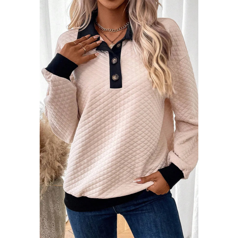 Textured Collared Neck Long Sleeve Top Apparel and Accessories