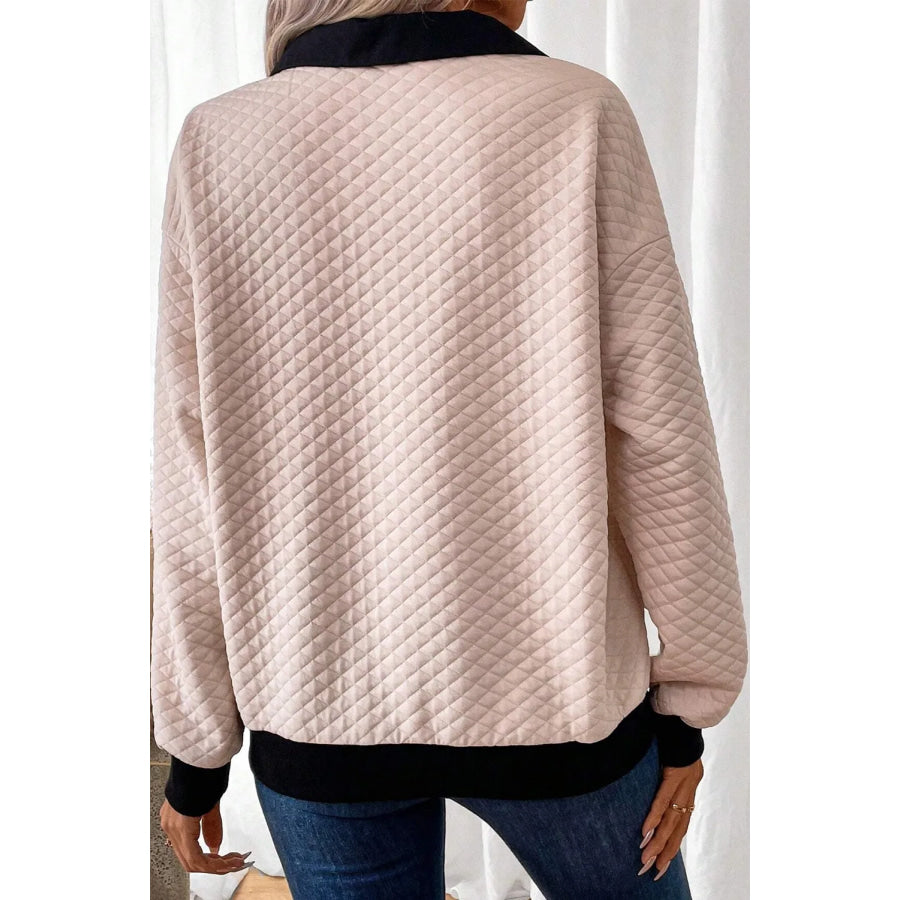 Textured Collared Neck Long Sleeve Top Apparel and Accessories