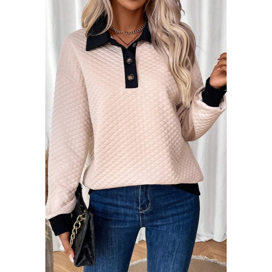 Textured Collared Neck Long Sleeve Top Apparel and Accessories