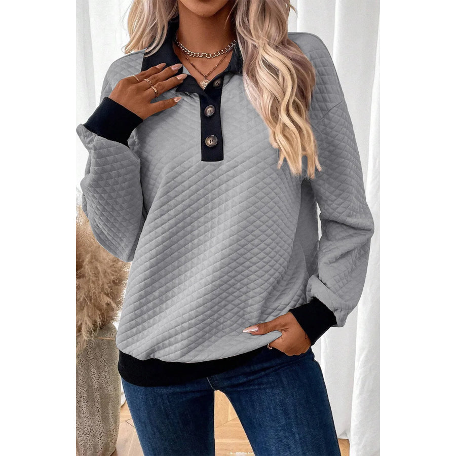 Textured Collared Neck Long Sleeve Top Gray / L Apparel and Accessories