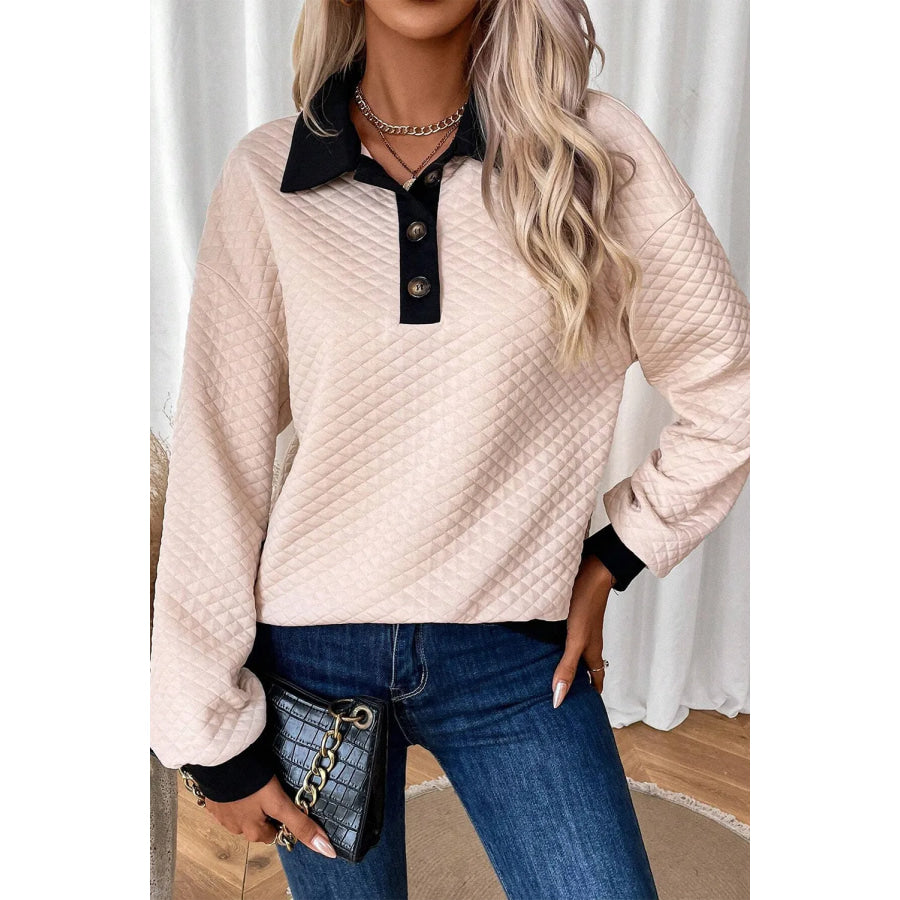 Textured Collared Neck Long Sleeve Top Tan / S Apparel and Accessories