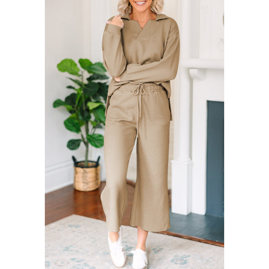 Textured Collared Neck Top and Wide Leg Pants Set Apparel and Accessories