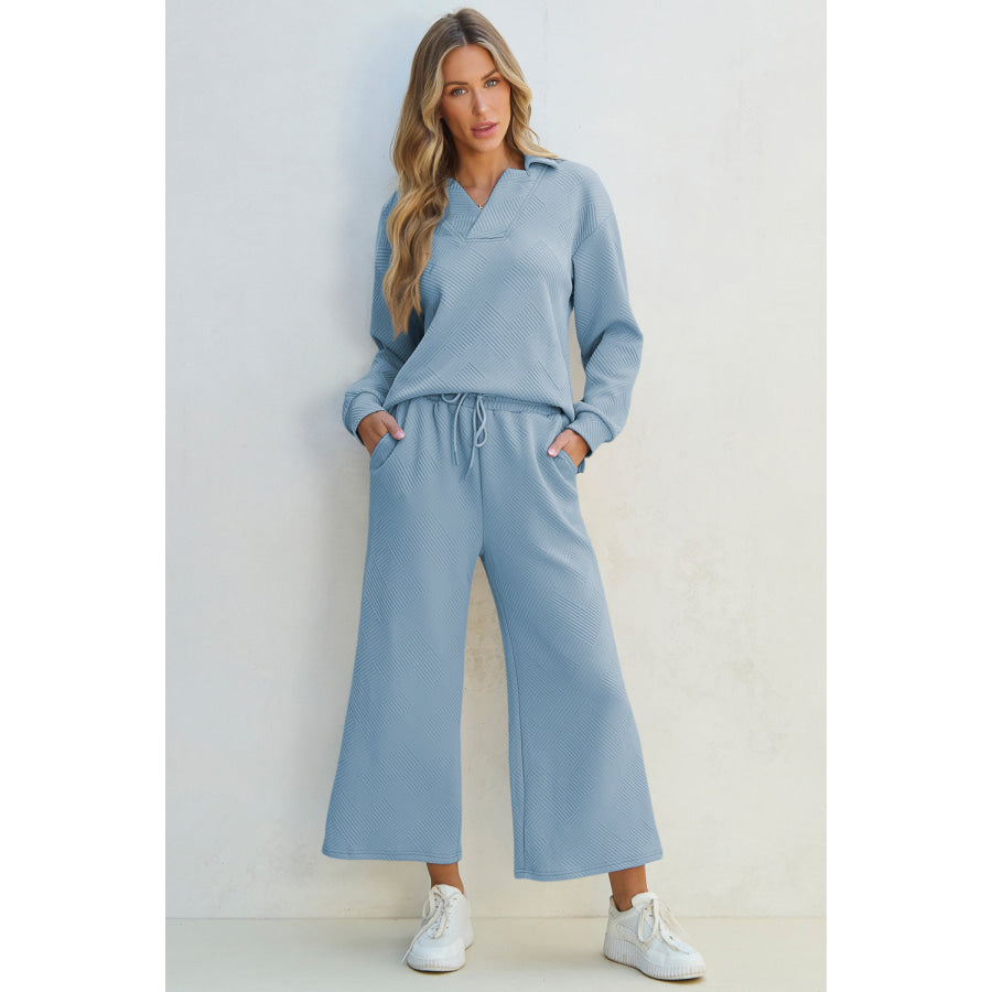 Textured Collared Neck Top and Wide Leg Pants Set Apparel and Accessories