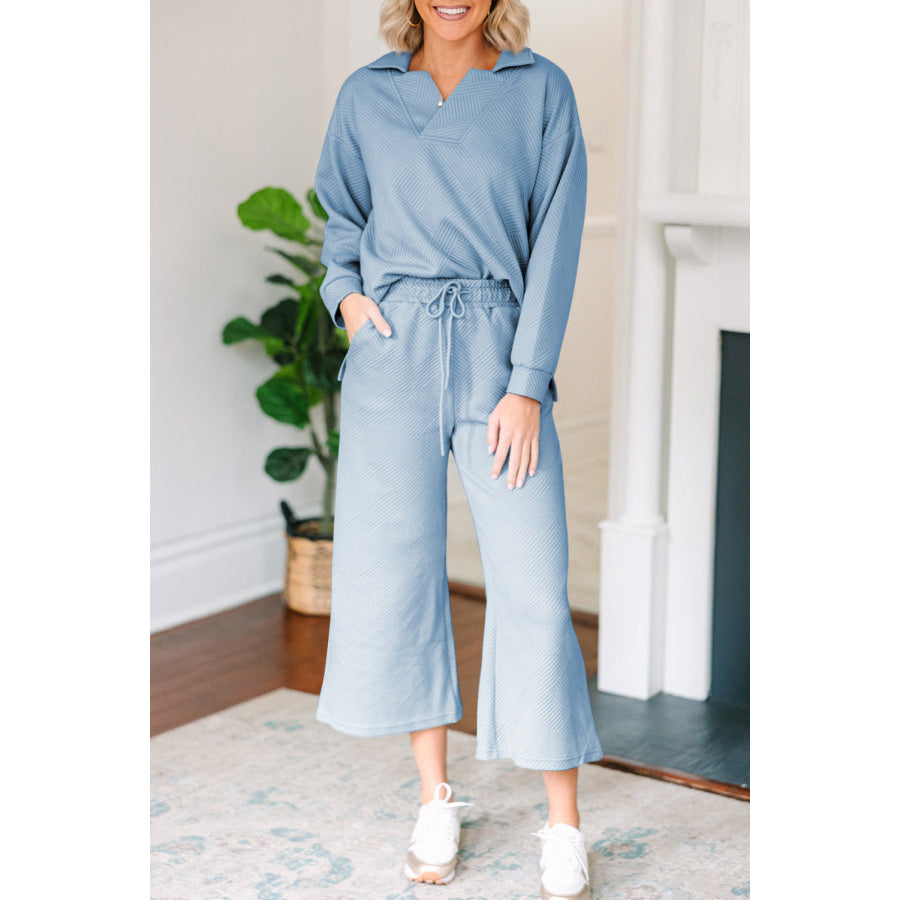 Textured Collared Neck Top and Wide Leg Pants Set Apparel and Accessories