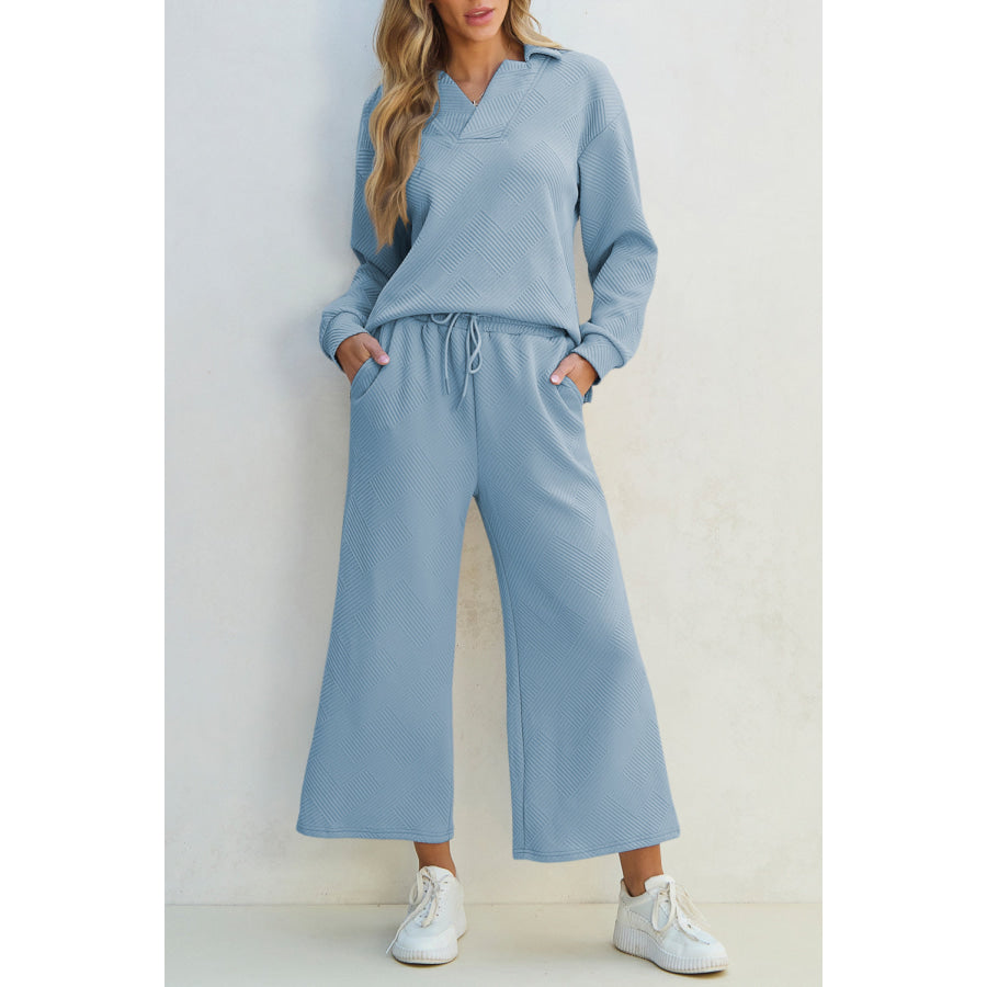 Textured Collared Neck Top and Wide Leg Pants Set Light Blue / S Apparel and Accessories