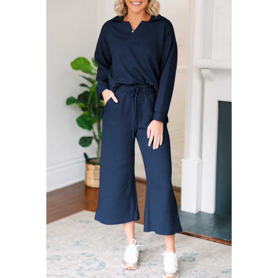 Textured Collared Neck Top and Wide Leg Pants Set Navy / S Apparel and Accessories