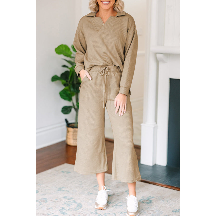 Textured Collared Neck Top and Wide Leg Pants Set Tan / S Apparel and Accessories