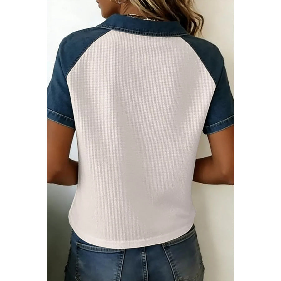 Textured Color Block Denim Patchwork Polo Collar Tee Apparel and Accessories