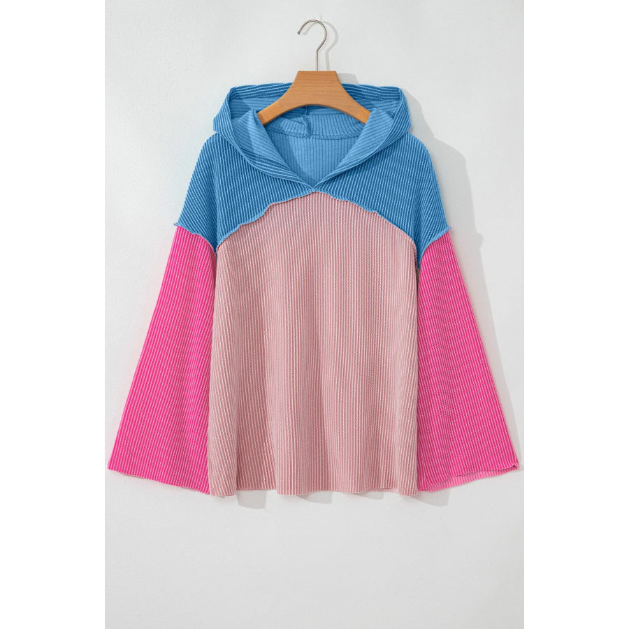 Textured Color Block Long Sleeve Hoodie Apparel and Accessories