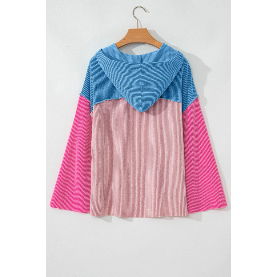 Textured Color Block Long Sleeve Hoodie Apparel and Accessories