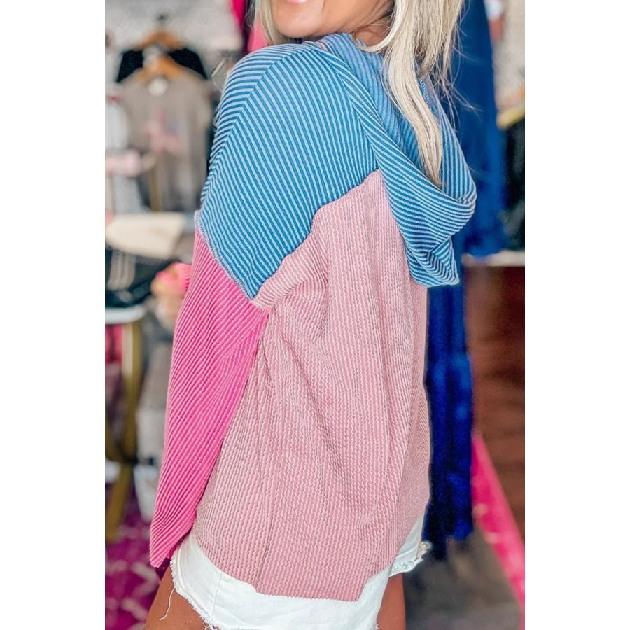 Textured Color Block Long Sleeve Hoodie Blush Pink / S Apparel and Accessories