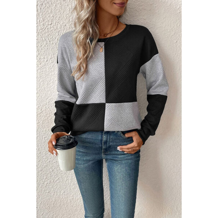 Textured Color Block Round Neck Sweatshirt Black / S Clothing