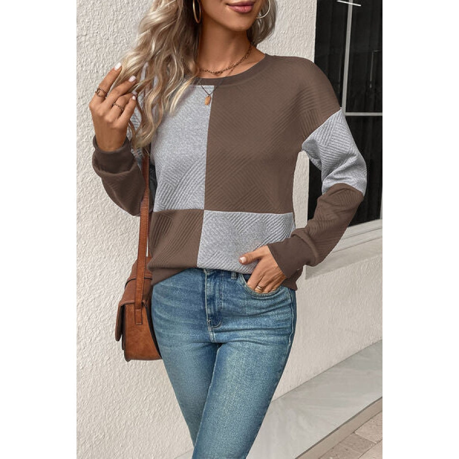 Textured Color Block Round Neck Sweatshirt Chestnut / S Clothing