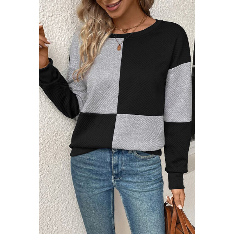 Textured Color Block Round Neck Sweatshirt Clothing