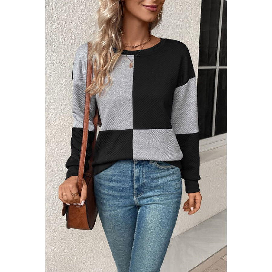 Textured Color Block Round Neck Sweatshirt Clothing