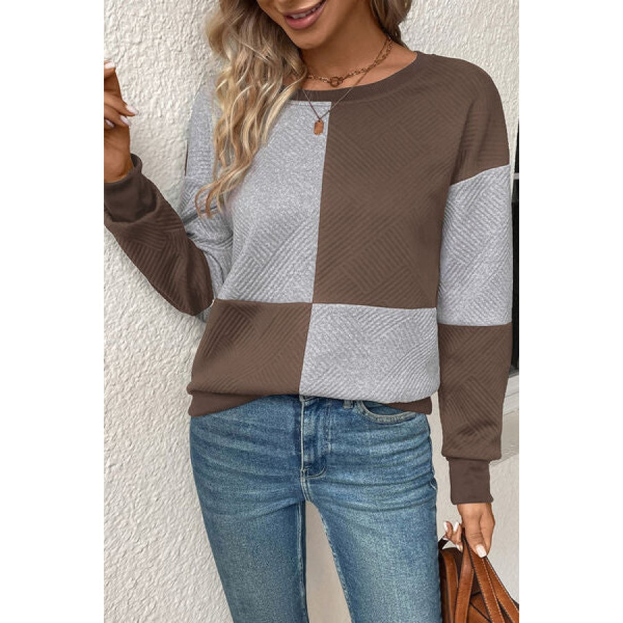 Textured Color Block Round Neck Sweatshirt Clothing