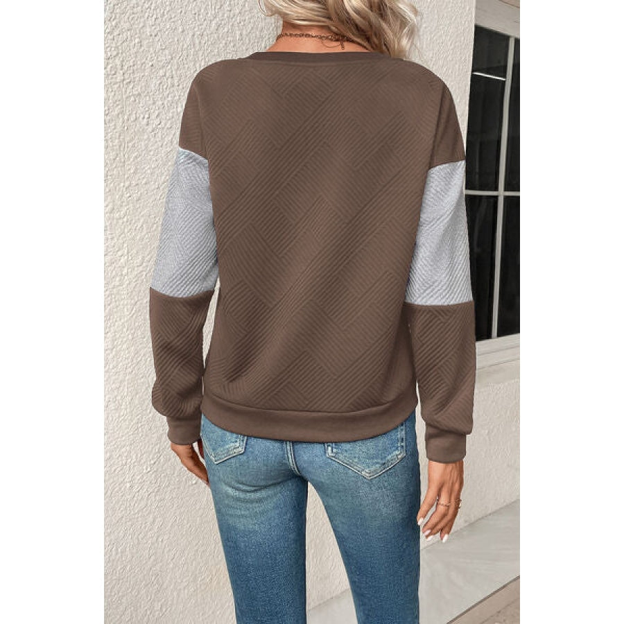 Textured Color Block Round Neck Sweatshirt Clothing