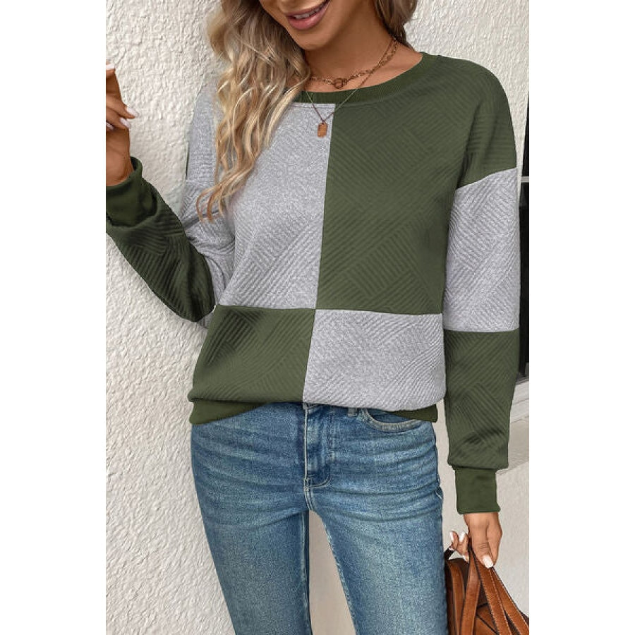 Textured Color Block Round Neck Sweatshirt Clothing