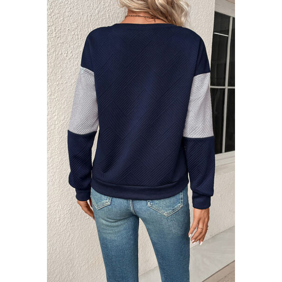 Textured Color Block Round Neck Sweatshirt Navy / S Clothing