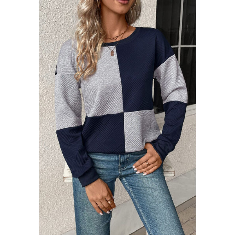 Textured Color Block Round Neck Sweatshirt Navy / S Clothing