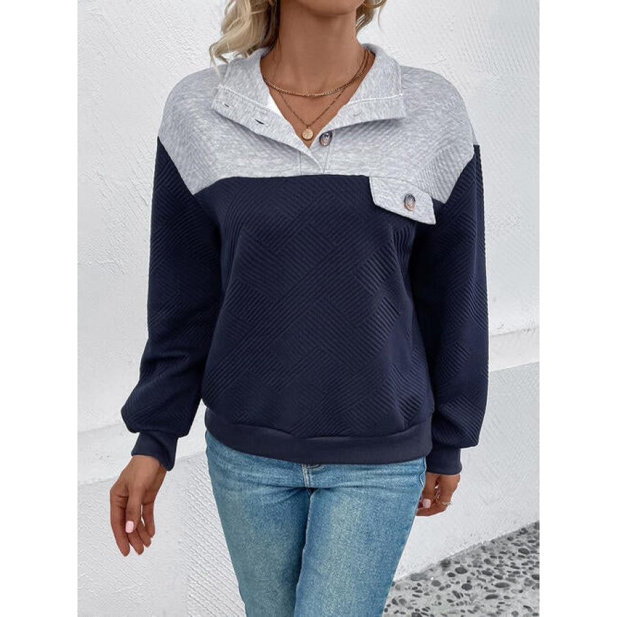 Textured Contrast Half Button Sweatshirt Navy / S