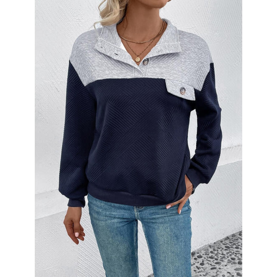 Textured Contrast Half Button Sweatshirt