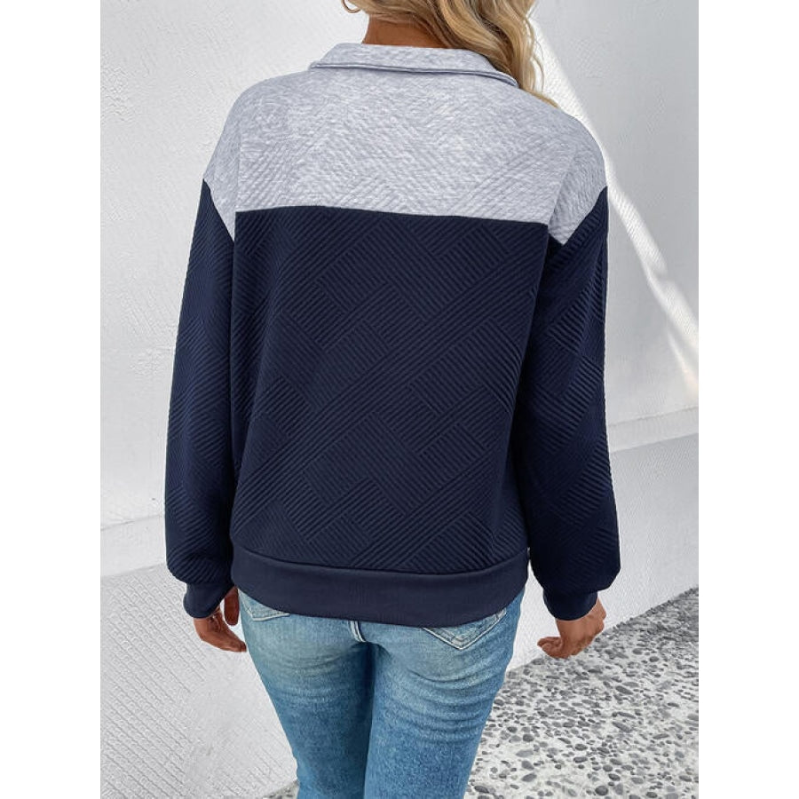 Textured Contrast Half Button Sweatshirt