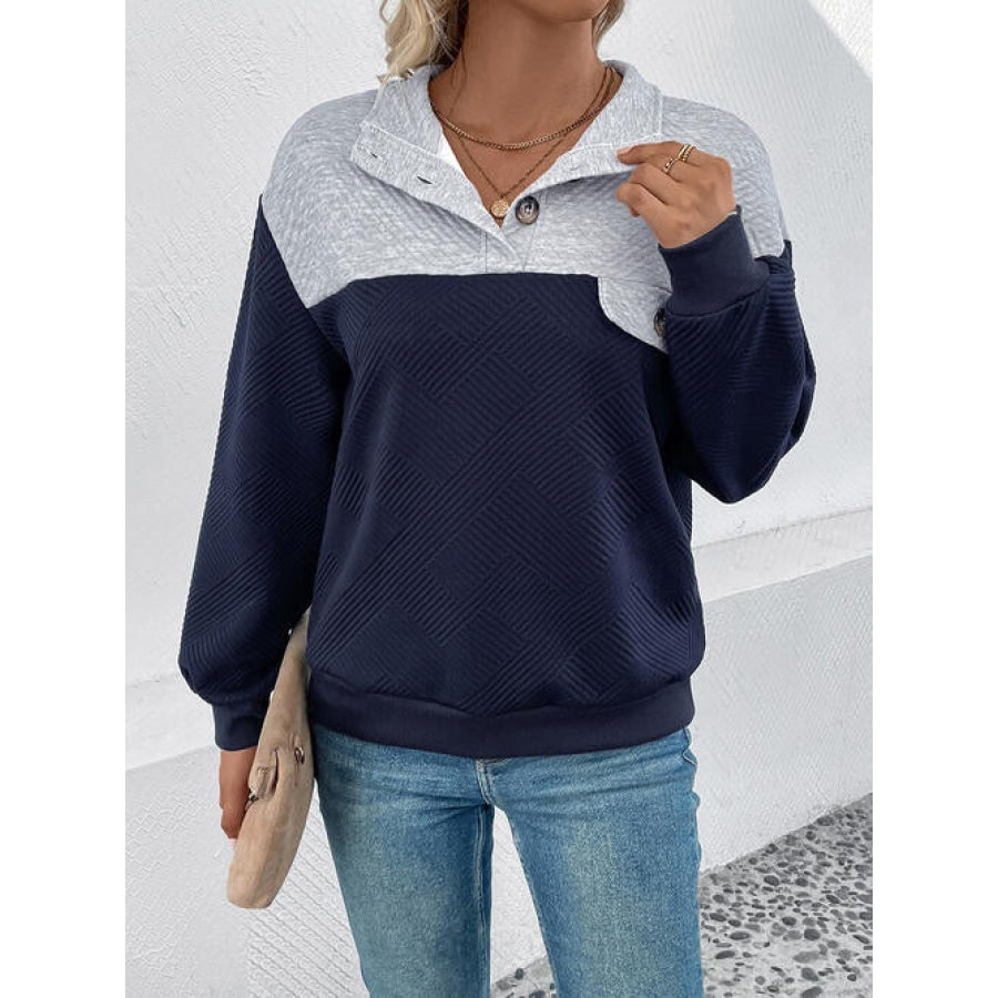 Textured Contrast Half Button Sweatshirt