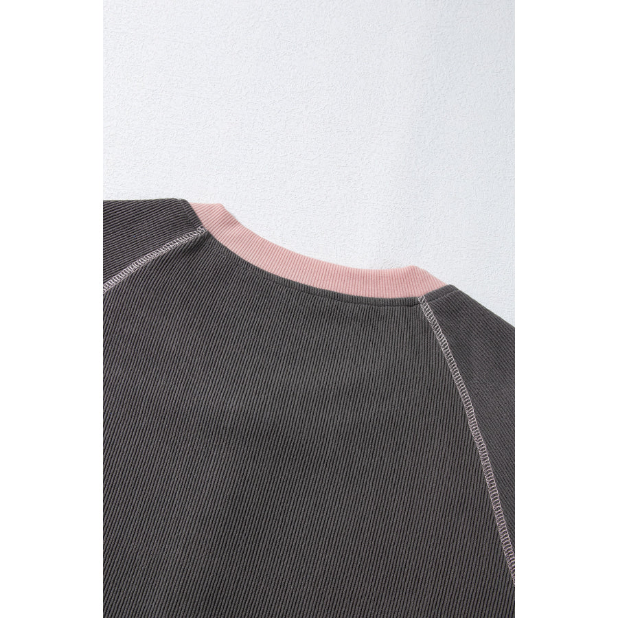 Textured Contrast Stitching Raglan Sleeve Top Apparel and Accessories