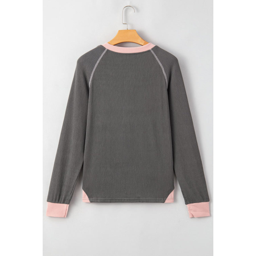 Textured Contrast Stitching Raglan Sleeve Top Apparel and Accessories