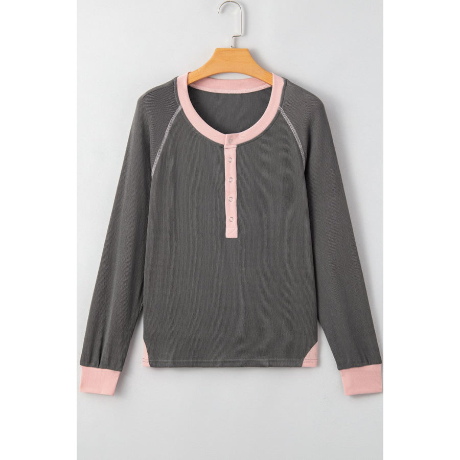 Textured Contrast Stitching Raglan Sleeve Top Apparel and Accessories