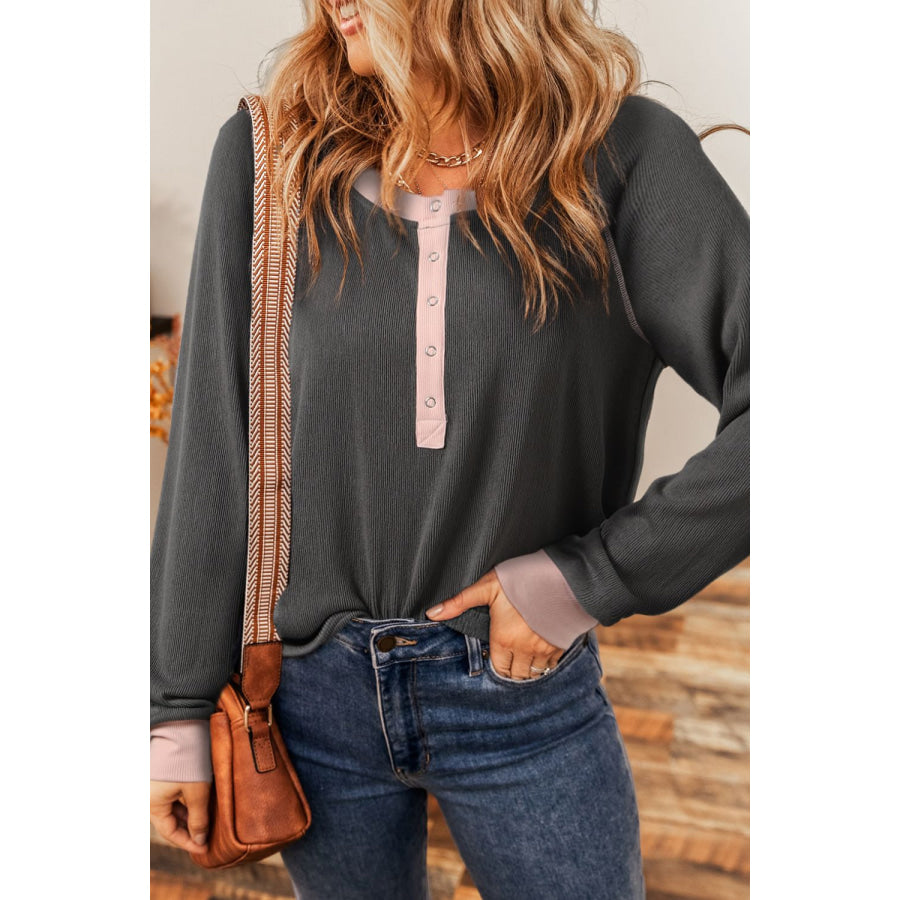 Textured Contrast Stitching Raglan Sleeve Top Dark Gray / S Apparel and Accessories