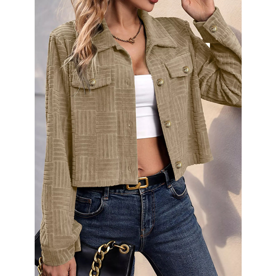 Textured Corduroy Button-Front Cropped Jacket Mocha / S Apparel and Accessories