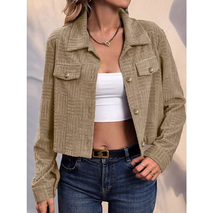 Textured Corduroy Button-Front Cropped Jacket Mocha / S Apparel and Accessories