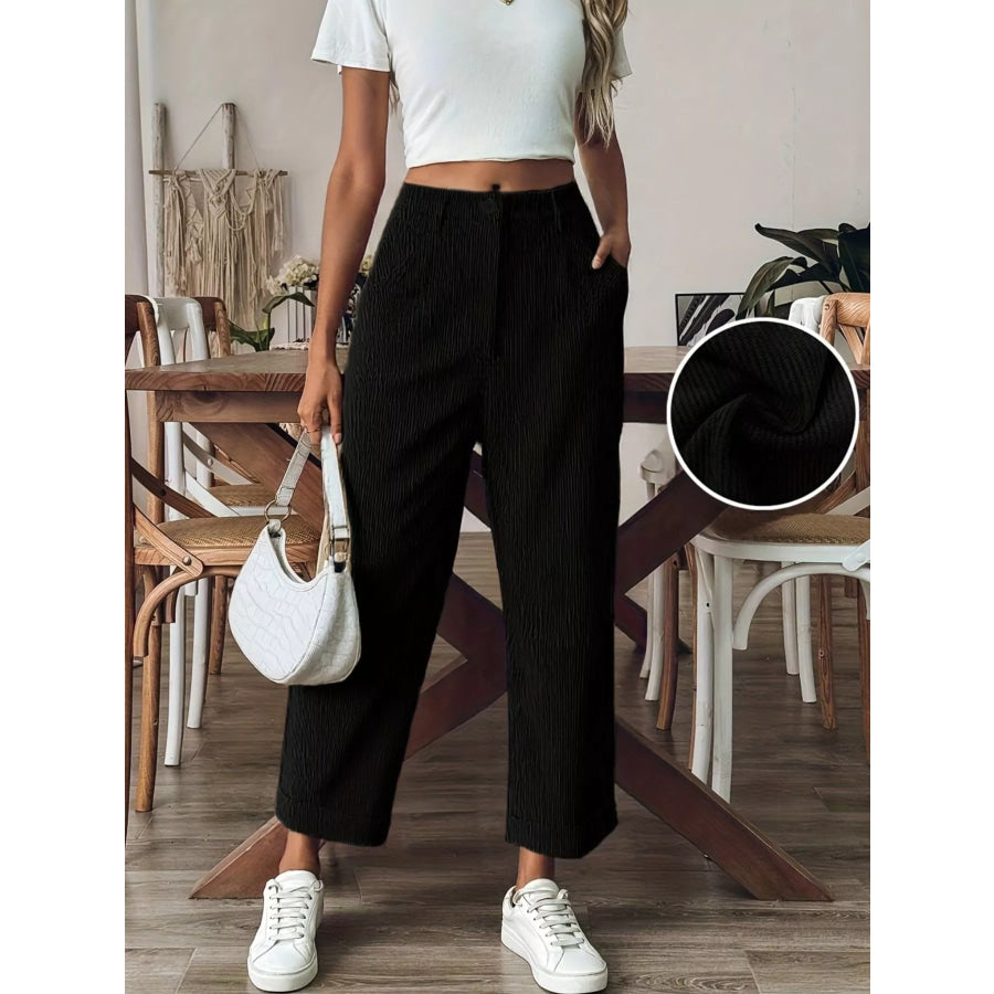 Textured Corduroy Straight-Leg Pants Black / S Apparel and Accessories