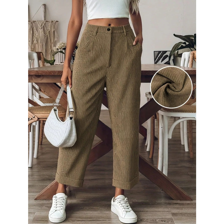 Textured Corduroy Straight-Leg Pants Khaki / S Apparel and Accessories