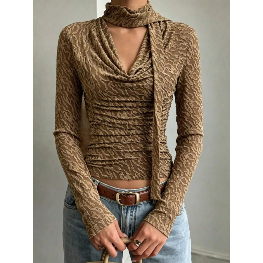 Textured Cowl Neck Long Sleeve Blouse with Scarf Detail Apparel and Accessories