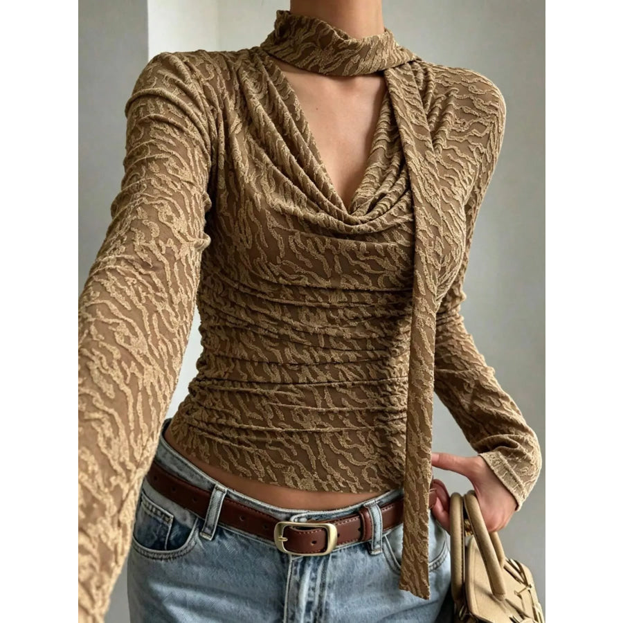 Textured Cowl Neck Long Sleeve Blouse with Scarf Detail Apparel and Accessories