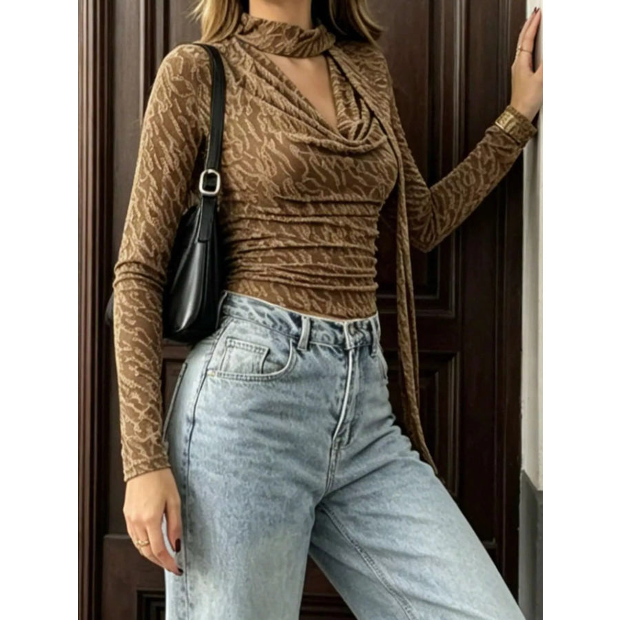 Textured Cowl Neck Long Sleeve Blouse with Scarf Detail Apparel and Accessories