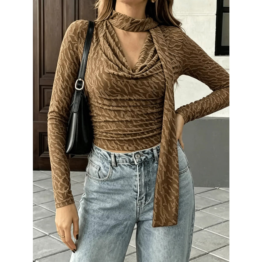 Textured Cowl Neck Long Sleeve Blouse with Scarf Detail Apparel and Accessories