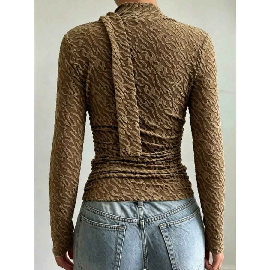Textured Cowl Neck Long Sleeve Blouse with Scarf Detail Apparel and Accessories