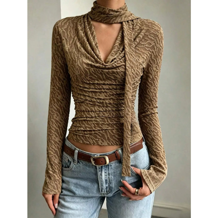 Textured Cowl Neck Long Sleeve Blouse with Scarf Detail Taupe / S Apparel and Accessories