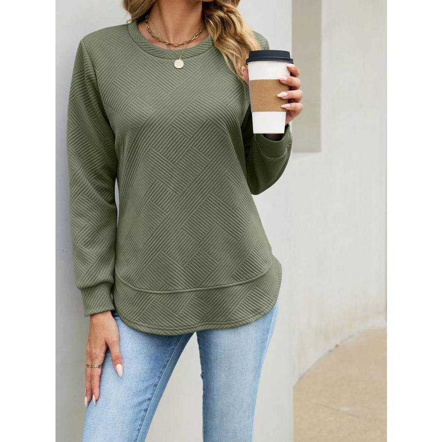 Textured Crew Neck Sweatshirt Army Green / S Apparel and Accessories